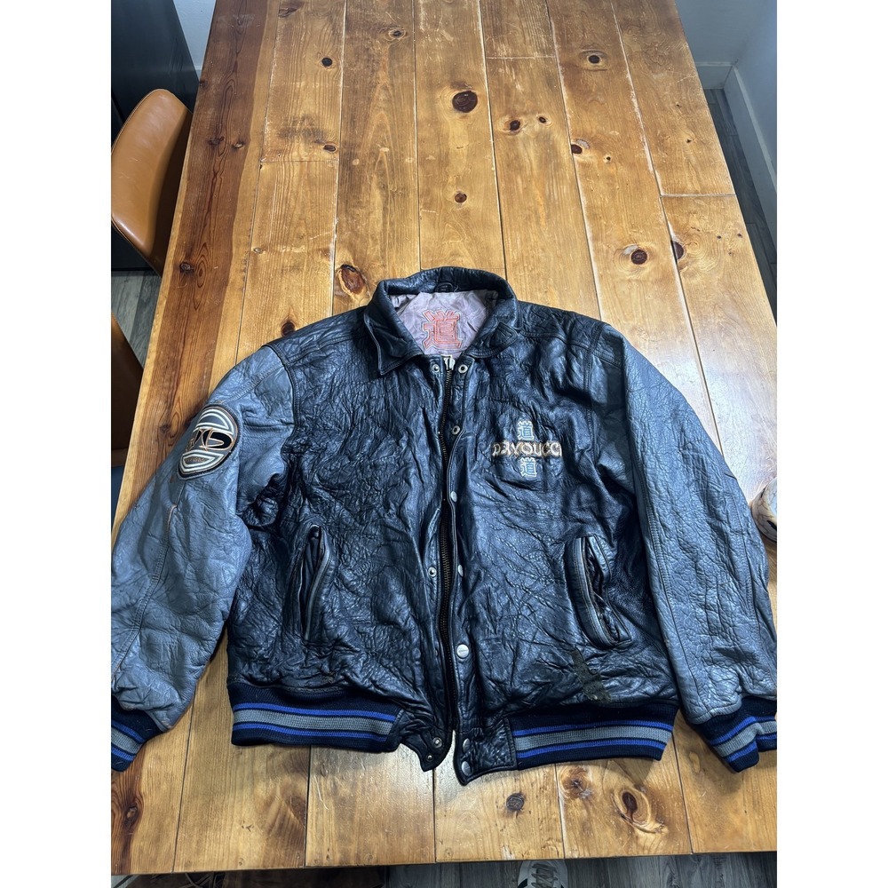 DAVOUCCI Men's 2XL‎ Black Gray Leather Bomber Jacket Embroidered Patches Vintage